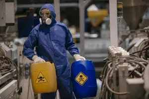 Homem carregando material radioativo com proteção